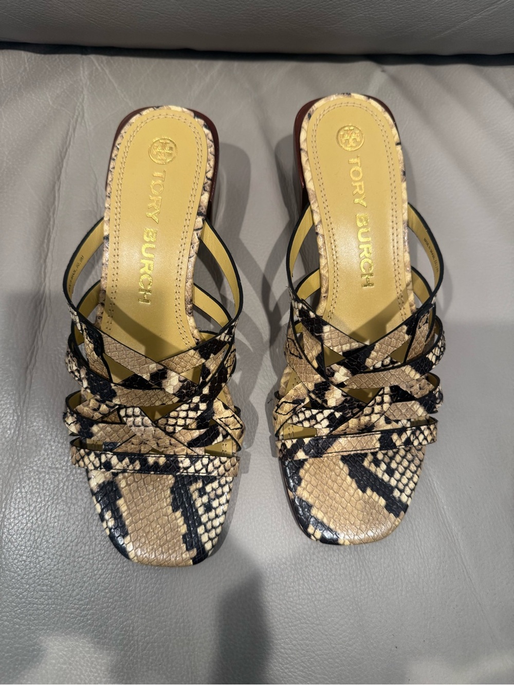 Tory Burch Beige and Black Snakeskin-Print Strappy Heeled Slides